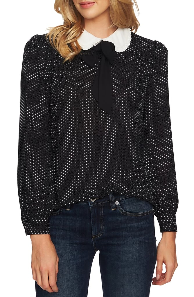 CeCe Refined Pin Dot Collared Tie-Neck Blouse