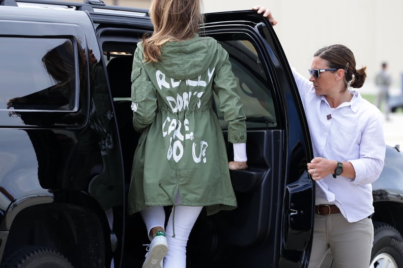 JOINT BASE ANDREWS, MD - JUNE 21:  U.S. first lady Melania Trump (C) climbs back into her motorcade after traveling to Texas to visit facilities that house and care for children taken from their parents at the U.S.-Mexico border June 21, 2018 at Joint Bas