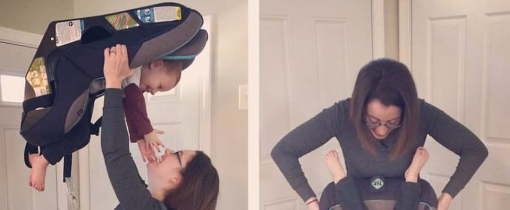 Photo of Mom Holding Her Baby's Car Seat Upside Down