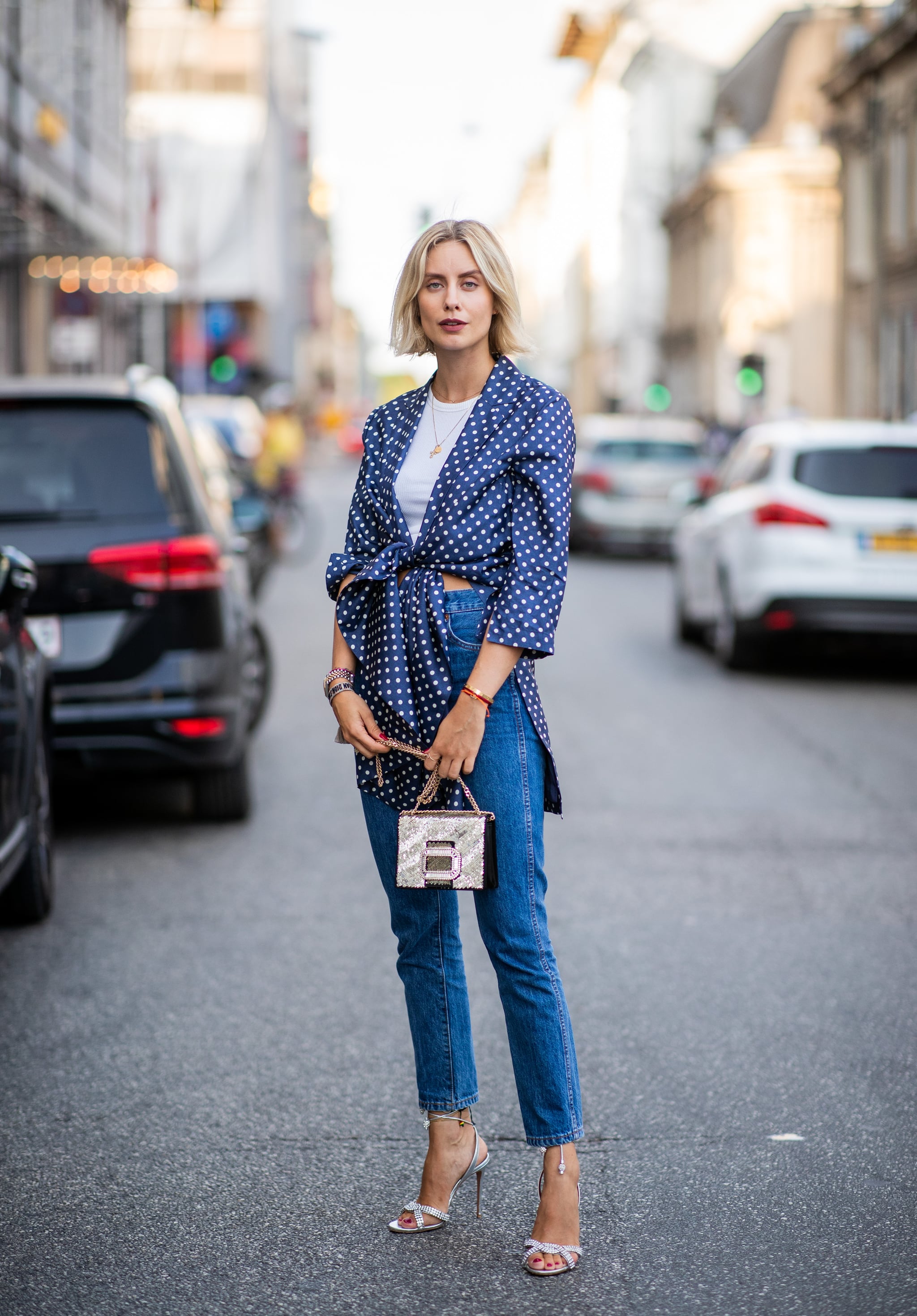 A white tee is the perfect base layer under a polka dot top for