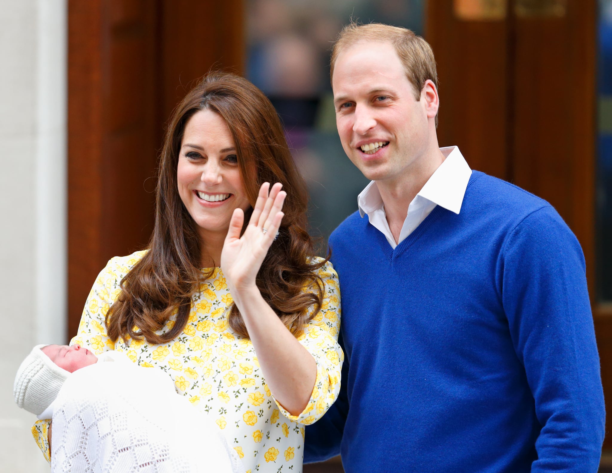 LONDON, UNITED KINGDOM - MAY 02: (EMBARGOED FOR PUBLICATION IN UK NEWSPAPERS UNTIL 48 HOURS AFTER CREATE DATE AND TIME) Catherine, Duchess of Cambridge and Prince William, Duke of Cambridge leave the Lindo Wing with their newborn daughter at St Mary's Hospital on May 2, 2015 in London, England. The Duchess safely delivered a daughter at 8:34am this morning, weighing 8lbs 3 oz who will be fourth in line to the throne. (Photo by Max Mumby/Indigo/Getty Images)