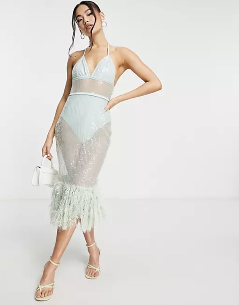 Starlet Faux Feather Sheer Embellished Midi Dress