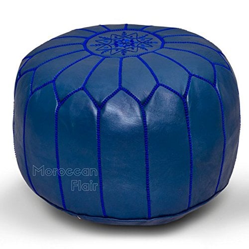 Moroccan Flair Leather Moroccan Pouf in Navy Blue