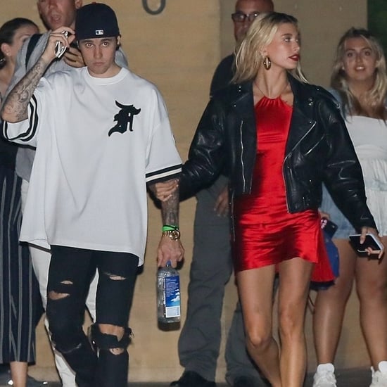 Hailey Baldwin Red Dress and Leather Jacket With Justin 2019