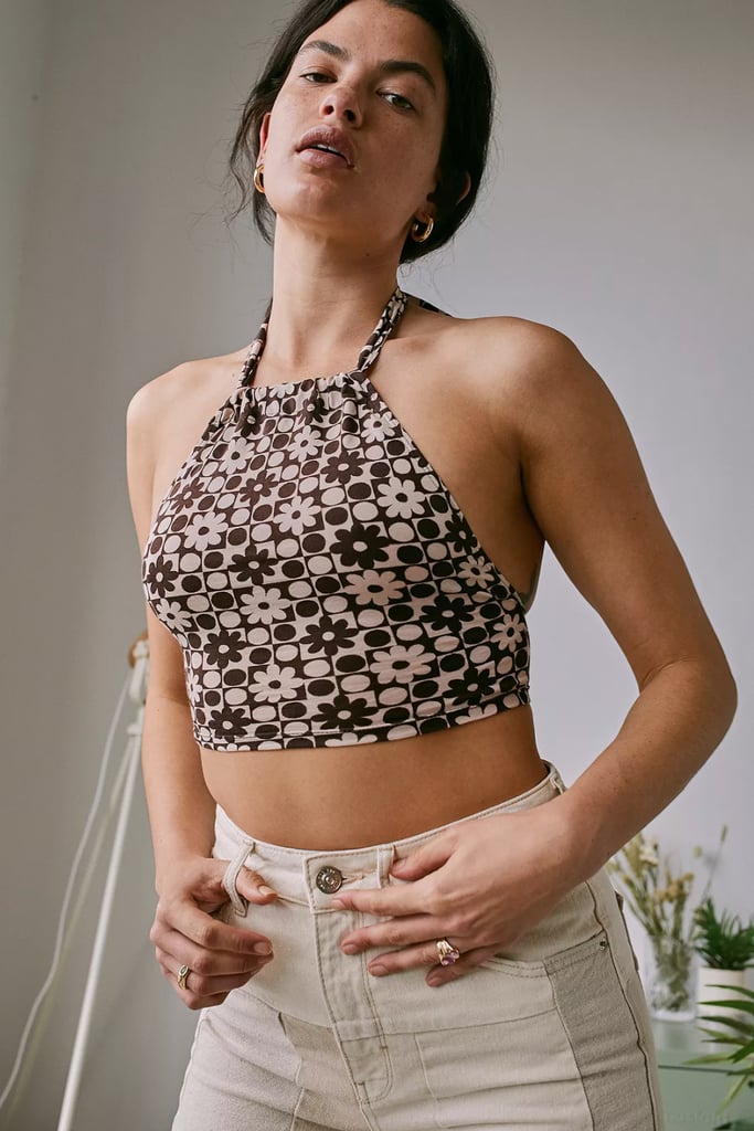 Motel Brown Patchwork Daisy Tie-Back Halter Top