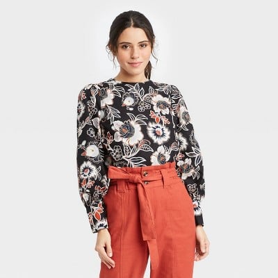 Who What Wear Women's Floral Print Long Balloon Sleeve Button-Back Top