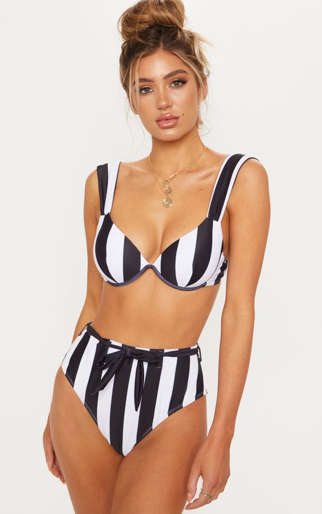 PrettyLittleThing Black & White Stripe Belted Waist Bikini