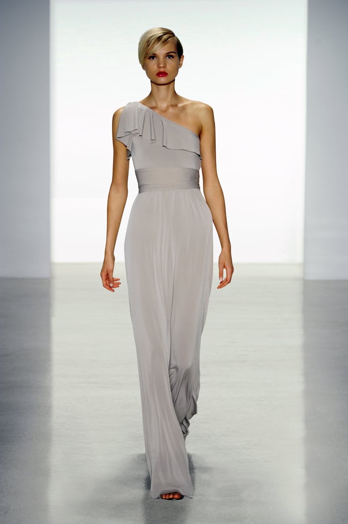 Amsale jersey one-shoulder ruffle long bridesmaid dress in sable
Photo courtesy of Amsale