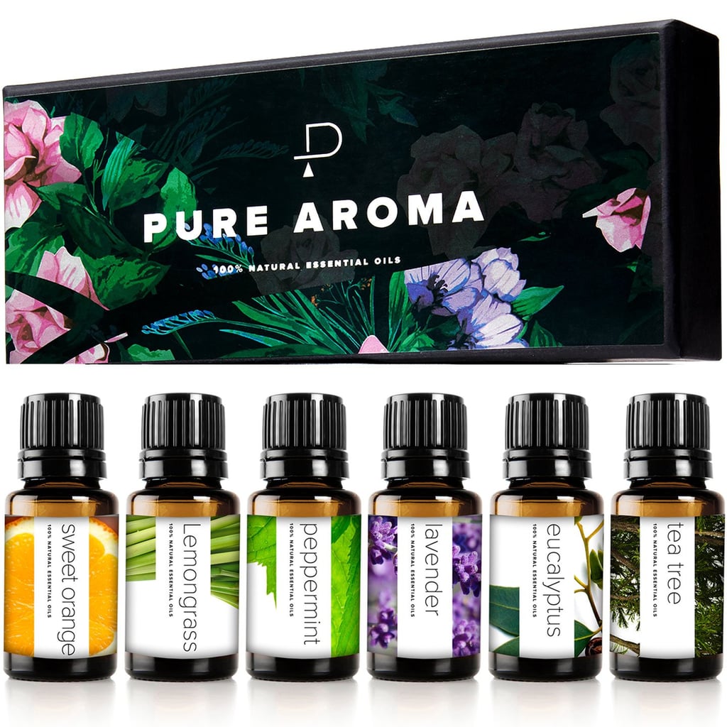 Pure Aroma Essential Oils  ($10)
The price of this essential oils set is hard to beat. It comes with six oils: lavender, tea tree, eucalyptus, peppermint, lemongrass, and sweet orange, all of which are perfect for using with your go-to diffuser. 
Expert Quote: "Scent is a powerful tool to have in the de-stressing toolbox! A pleasing, natural smell like lavender or chamomile calms the body by increasing mindfulness, that's to say it demands multi-sensory attention to the environment. It acts as a distraction from the stress and instead focuses you on a pleasant sensory experience. Essential oils are great on-the-go and easy to keep in a purse, car, or office as a quick pick-me-up during times of stress." — Alyssa Mairanz, LMHC, CDBT, a licensed therapist and founder of Empower Your Mind Therapy