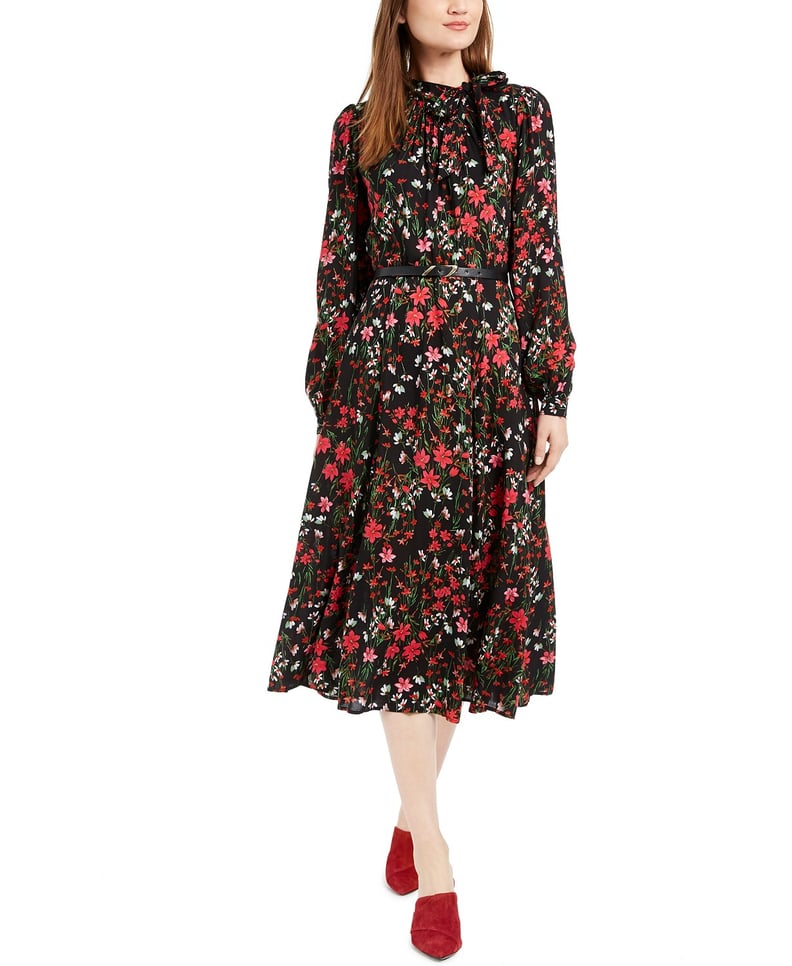 Calvin Klein Belted Floral Tie-Neck Dress