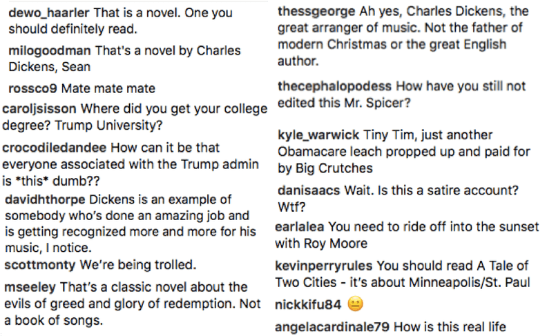 Comments on Sean Spicer's Christmas Carol Instagram post.