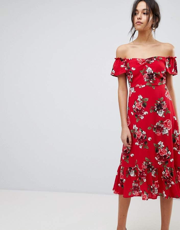 Y A S Floral Off Shoulder Midi Dress With Ruffle Hem Wedding