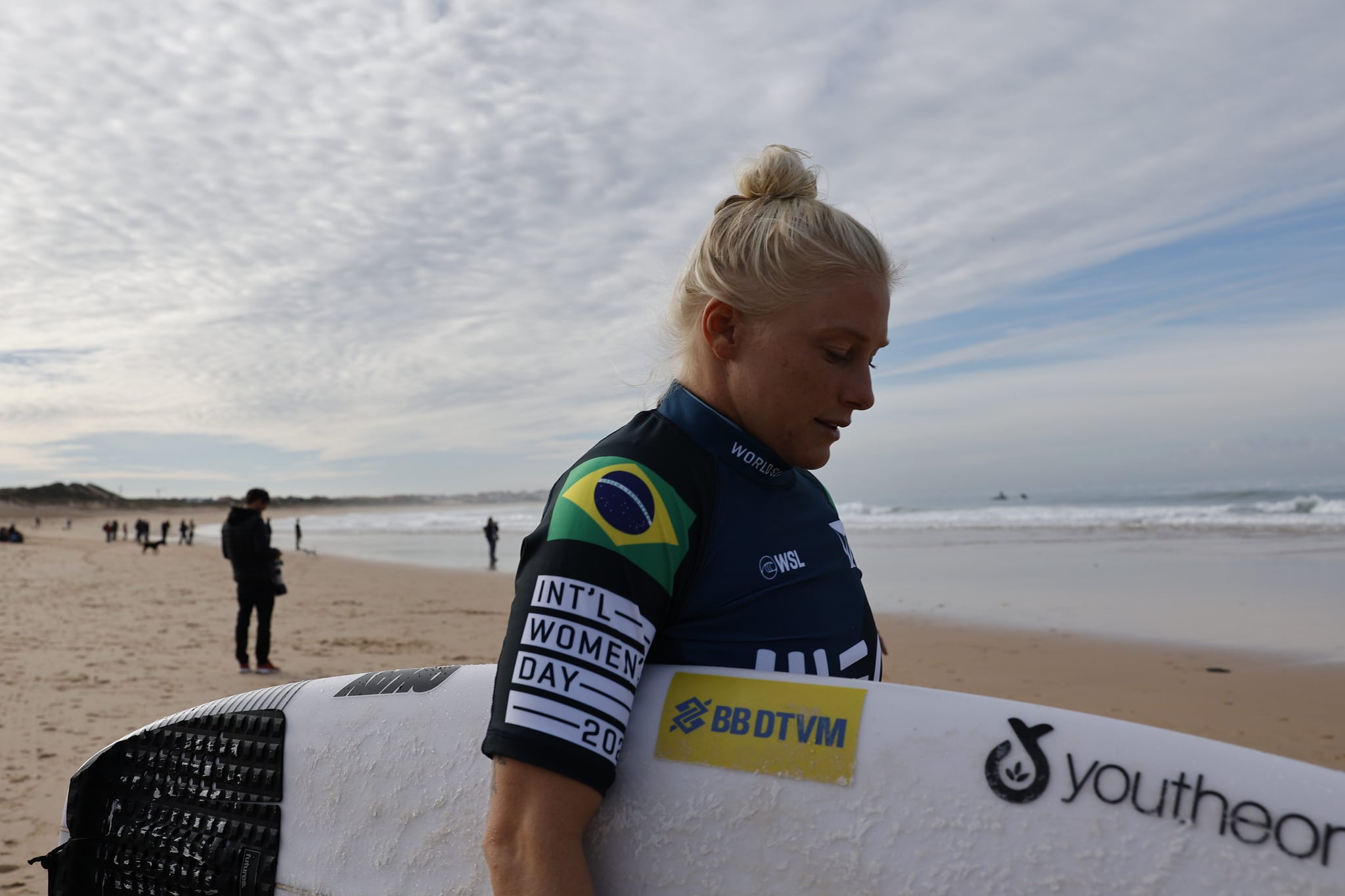 PENICHE, PORTUGAL - 07: Tatiana Weston-Webb arriving for the final heat during the MEO Pro Portugal at Supertubos Beach on March 7, 2022 in Peniche, Portugal. (Photo by Joao Rico/DeFodi Images via Getty Images)