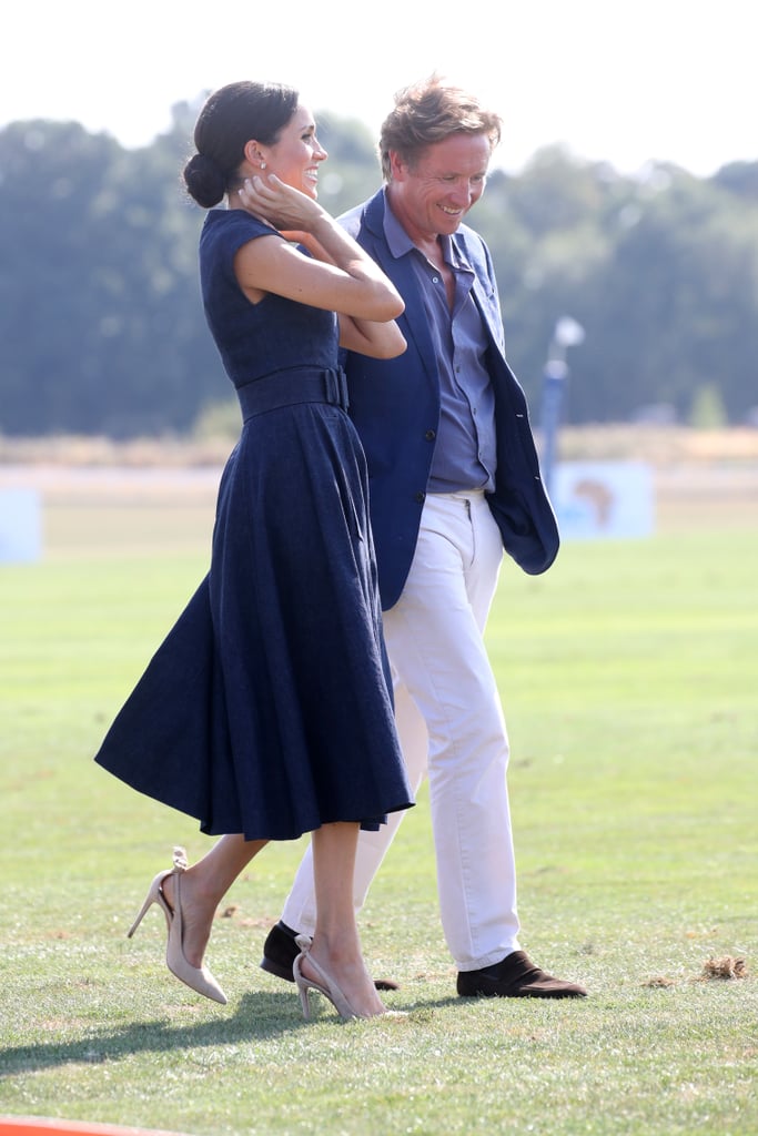 Meghan's denim Carolina Herrera dress was complete with her taupe-coloured Aquazzura Deneuve slingbacks at the Sentable Polo in 2018.