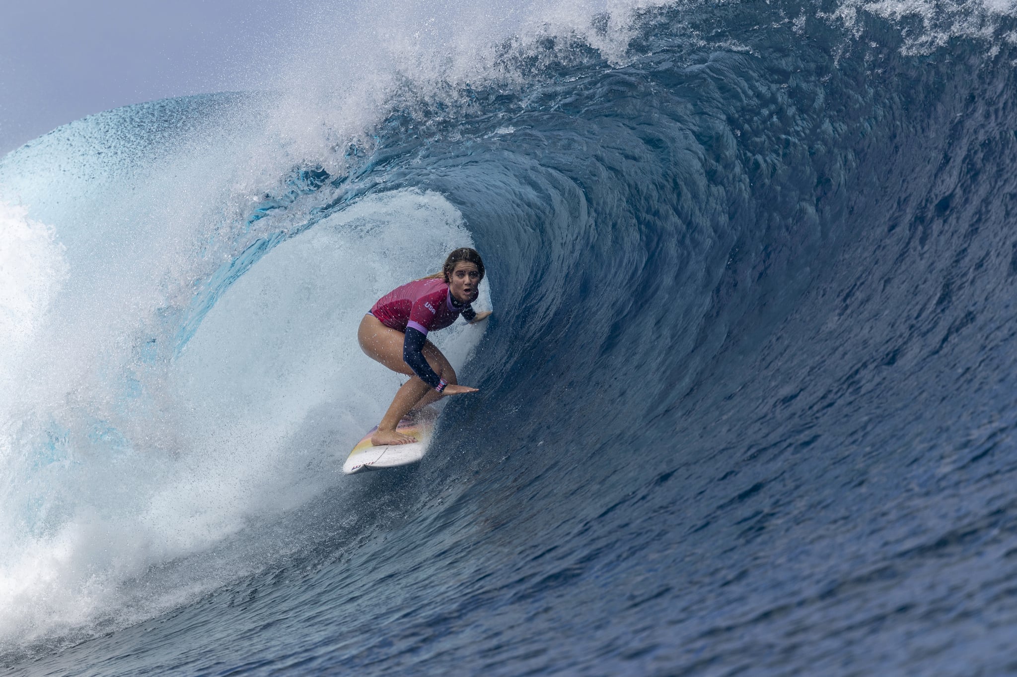 TEAHUPO'O, FRENCH POLYNESIA - AUGUST 05: Caroline Marks of Team United States rides a wave during the semifinals of surfing on day nine of the Olympic Games Paris 2024 on August 05, 2024 in Teahupo'o, French Polynesia. (Photo by Sean M. Haffey/Getty Images) TEAHUPO'O, FRENCH POLYNESIA - AUGUST 05: Caroline Marks of Team United States rides a wave during the semifinals of surfing on day nine of the Olympic Games Paris 2024 on August 05, 2024 in Teahupo'o, French Polynesia. (Photo by Sean M. Haffey/Getty Images)