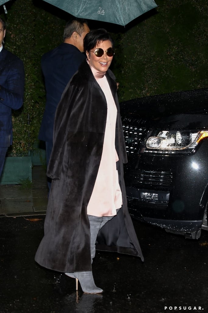 Kris Jenner Covered a Flouncy Pink Dress and Suede Boots With a Furry Coat