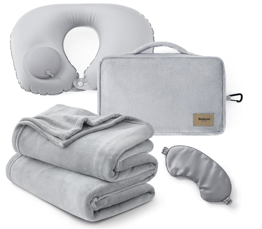 Bedsure Travel Blanket Set with Inflatable Neck Pillow and Eye Mask