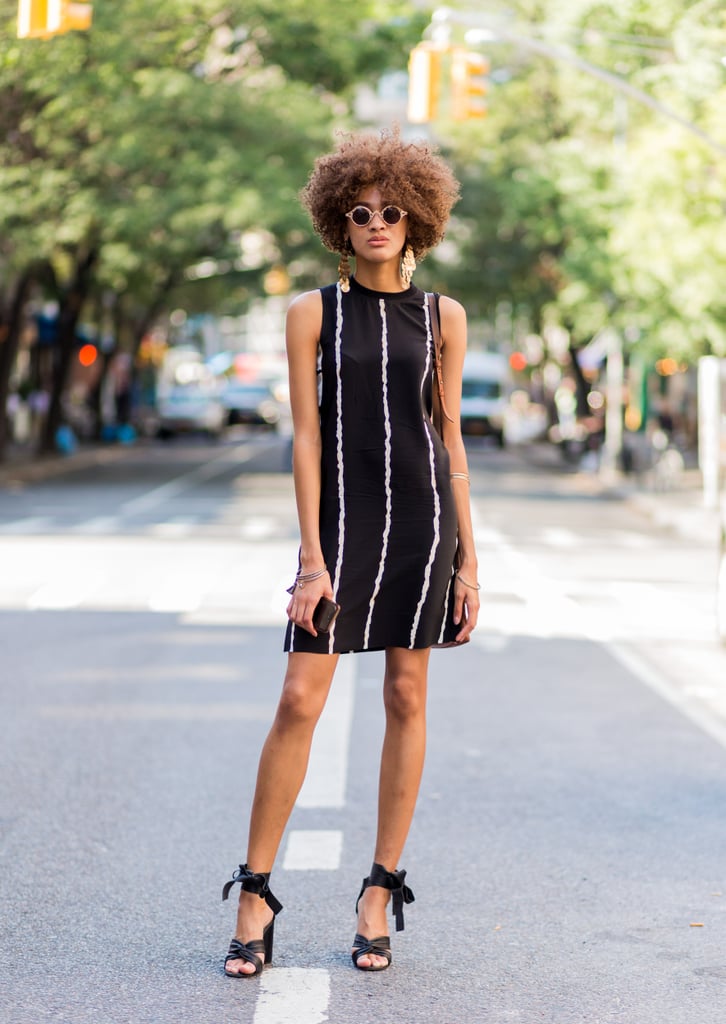Skip the busy prints at work (unless of course they're allowed!) and instead, opt for a striped dress worn with block heels or mules. If you're going some place fancy afterwards, slip on your lace-up heels.