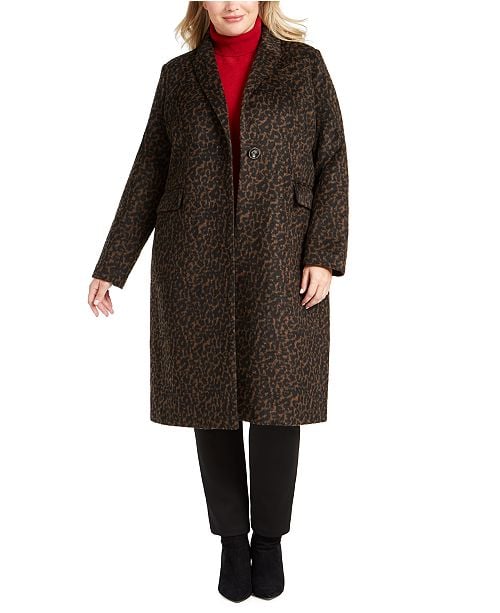 Tahari Plus Size Single-Button Leopard Coat