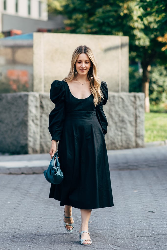 My Puffy-Sleeve Outfit: A Dress, Heels, a Bag, and Earrings