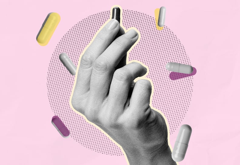 A hand holds up a pill against a pink background, with a collage of other pills surrounding it.