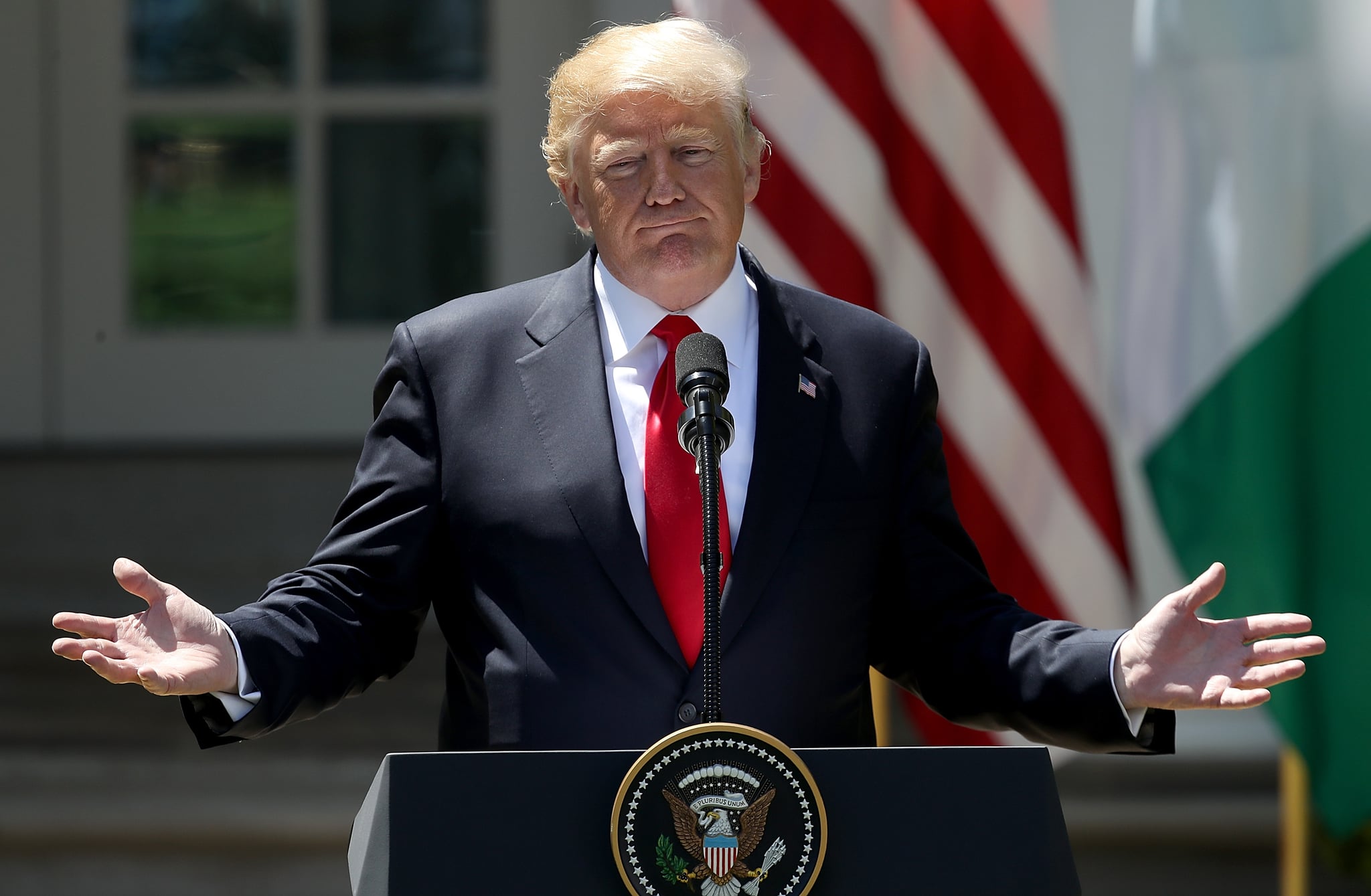 WASHINGTON, DC - APRIL 30:  U.S. President Donald Trump answers questions during a joint press conference with Nigerian President Muhammadu Buhari in the Rose Garden of the White House April 30, 2018 in Washington, DC. The two leaders also met in the Oval Office to discuss a range of bilateral issues earlier in the day.  (Photo by Win McNamee/Getty Images)