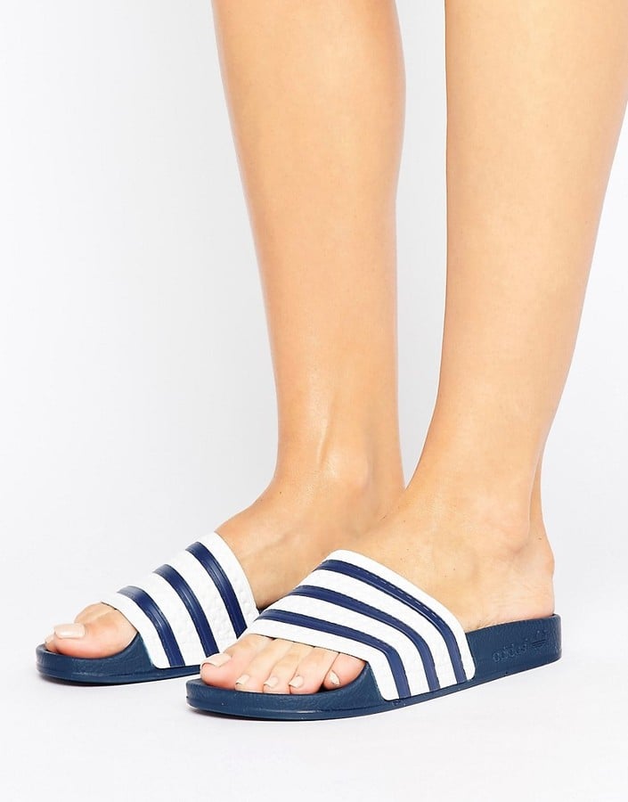 adidas White and Navy Adilette Slider Sandals