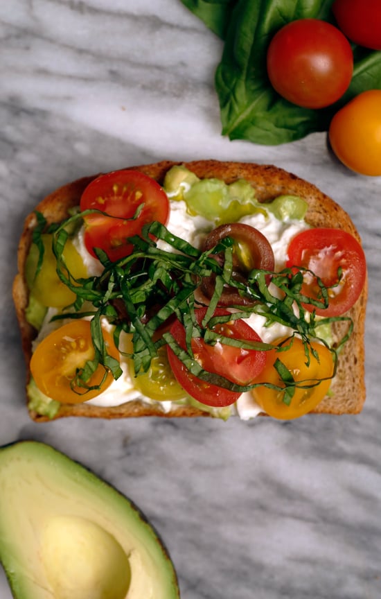 Heirloom Tomatoes, Burrata, and Basil Avocado Toast