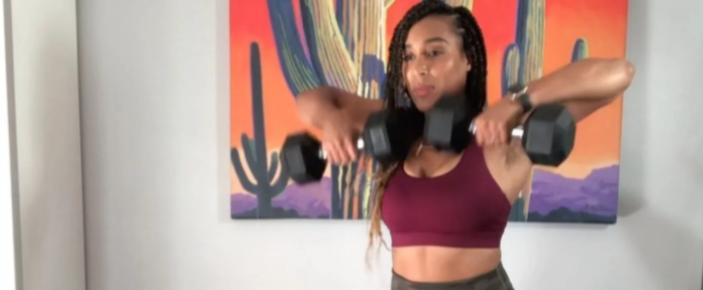 This Full-Body Workout With a Chair and Pair of Dumbbells Is a Trainer's "Sweat Therapy"